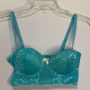 Black Fuschia By Secret Lace Allover Lave Longline Bra Teal Size 34B